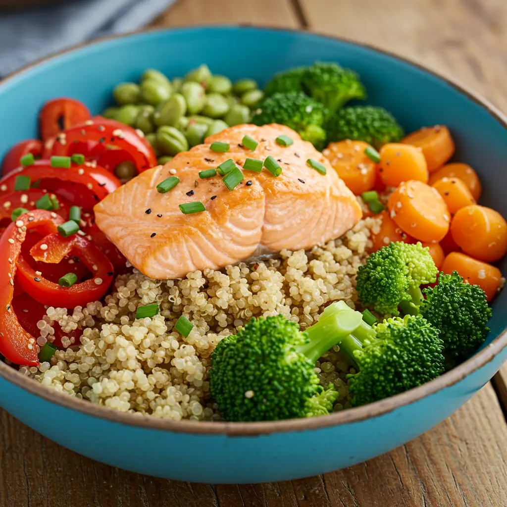 Bowl of salmon, quinoa, and mixed vegetables.