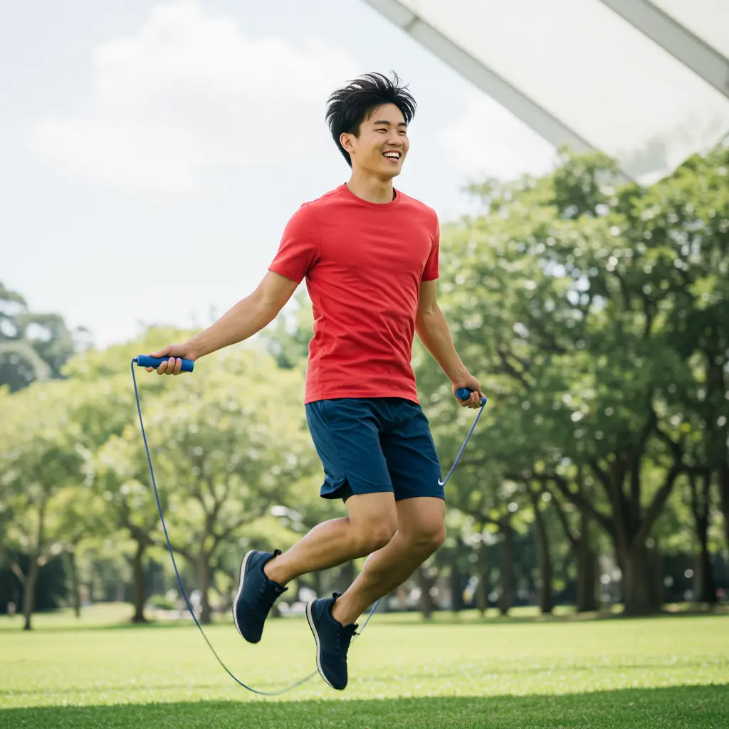 Person jumping rope in a large, open area.