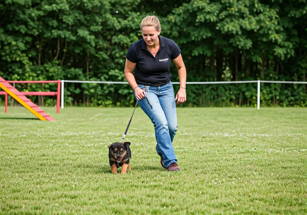 A dog trainer guiding a puppy through an obstacle course. 35mm stock photo