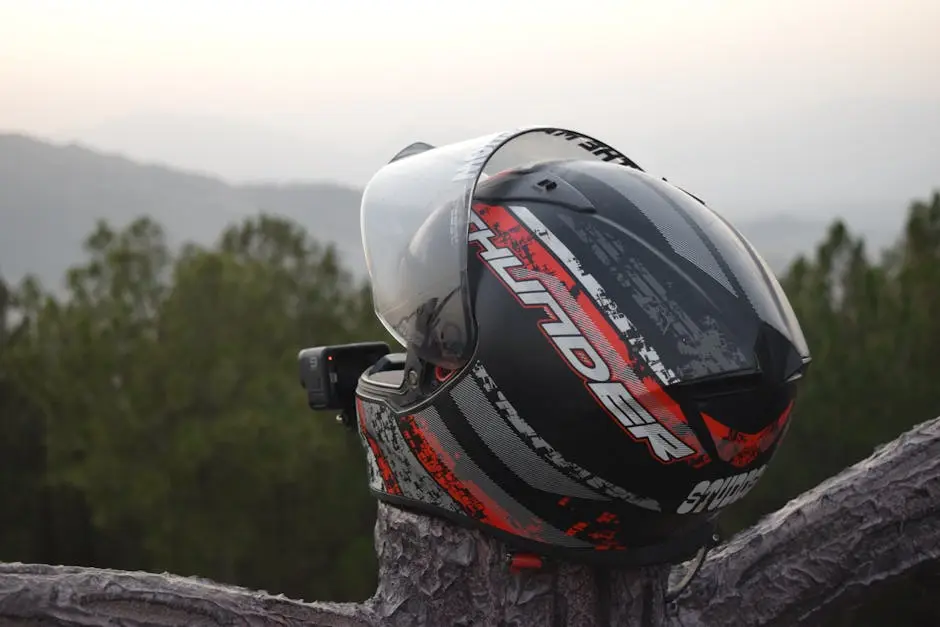 Close-up of a motorcycle helmet on a tree trunk with scenic outdoor backdrop.