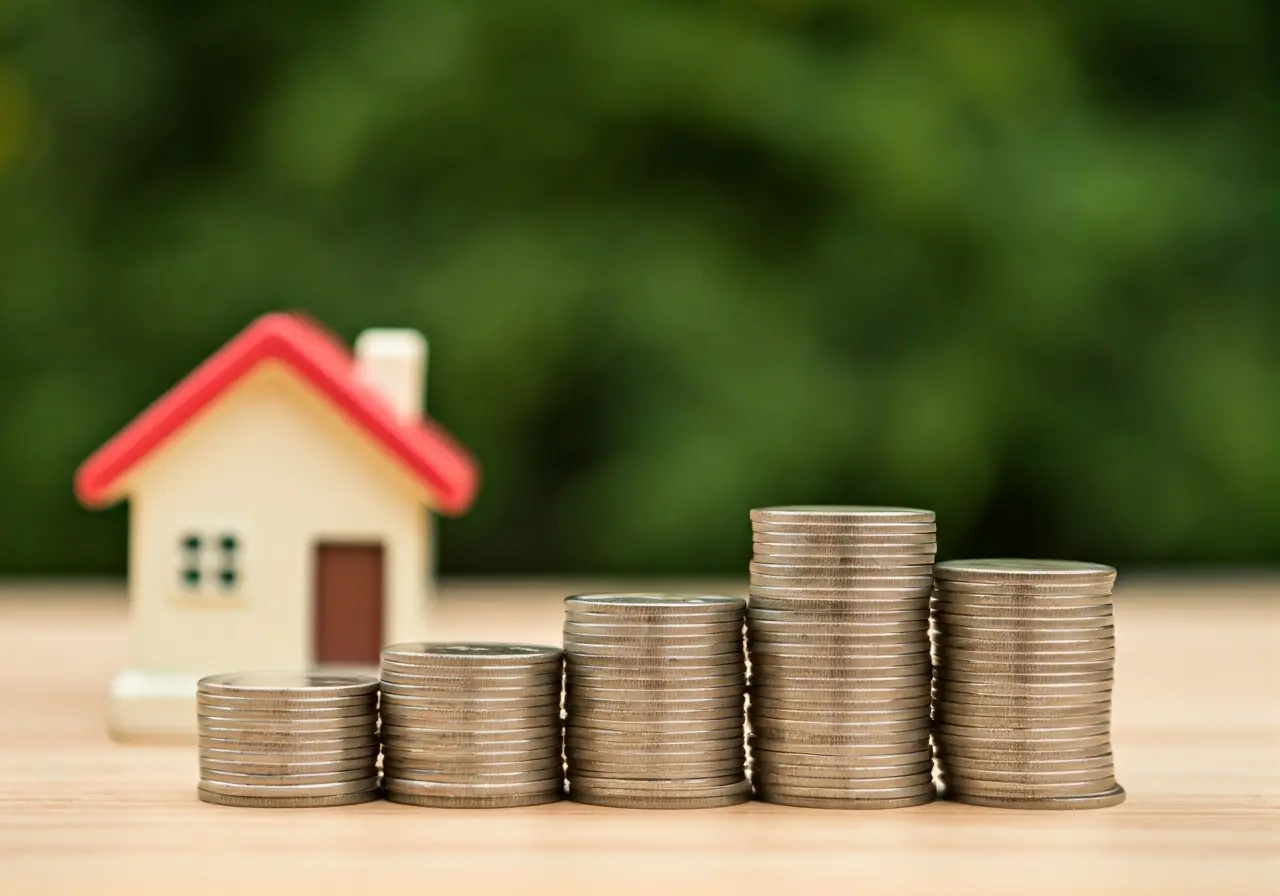Stacks of coins with a house model in the background. 35mm stock photo