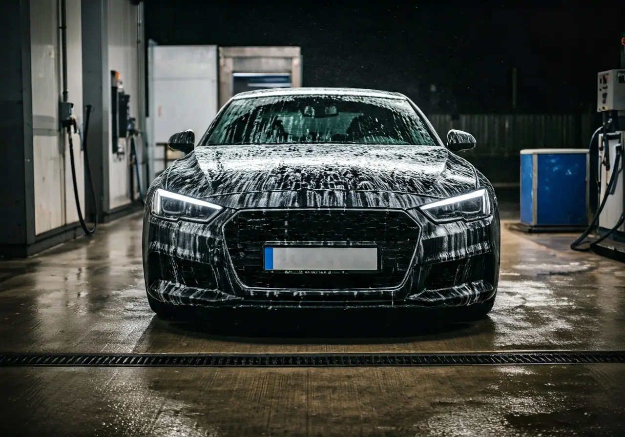A car being professionally washed at a service station. 35mm stock photo