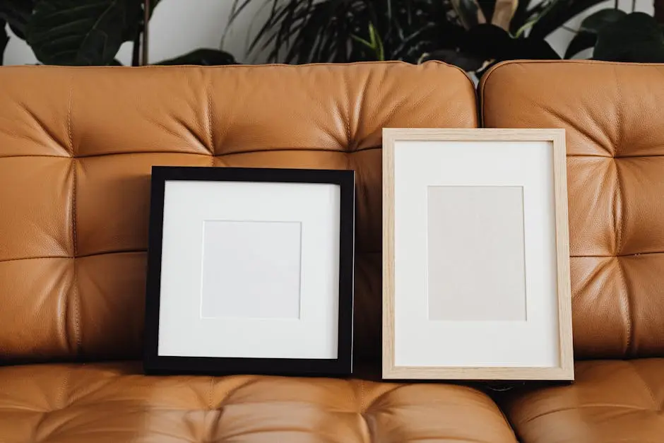 A cozy interior scene featuring black and wood picture frames on a brown leather sofa with indoor plants.