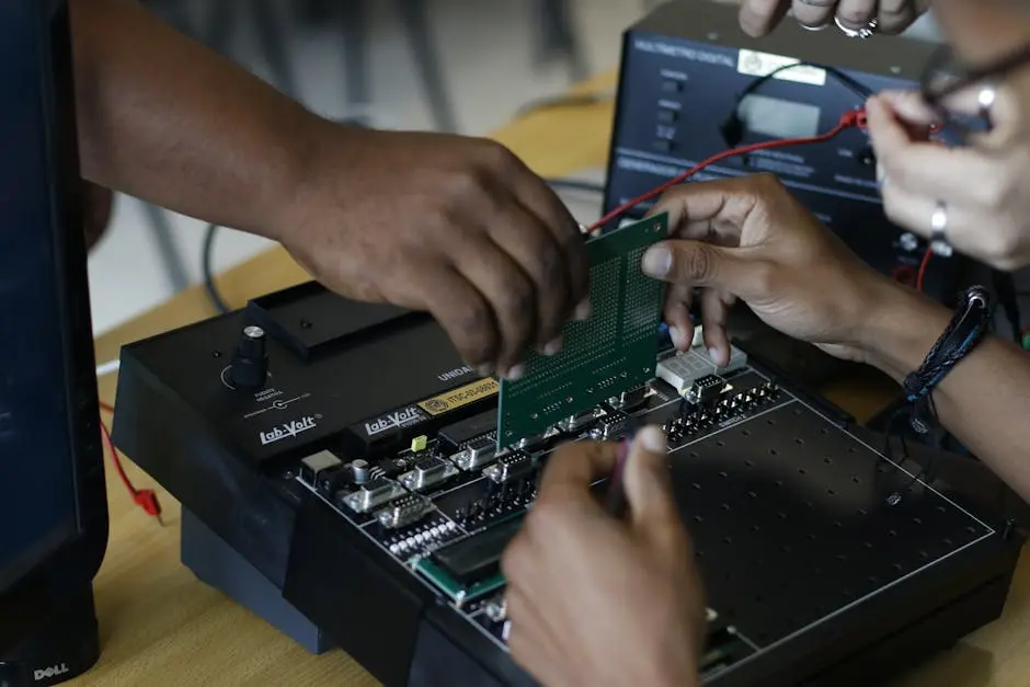 Close-up of hands assembling an electronic circuit board, showcasing teamwork and technical expertise.
