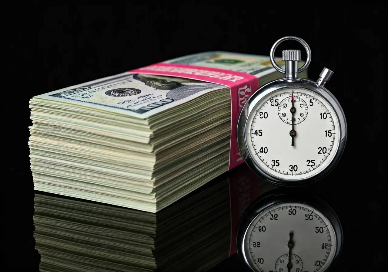 A stack of dollar bills with a stopwatch beside it. 35mm stock photo