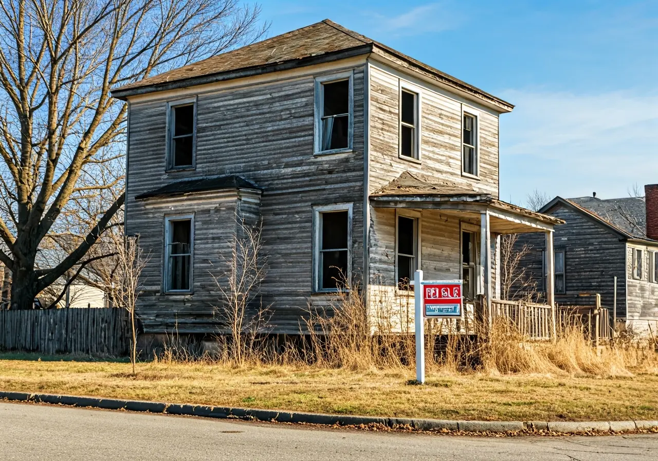 A dilapidated house with a For Sale sign outside. 35mm stock photo