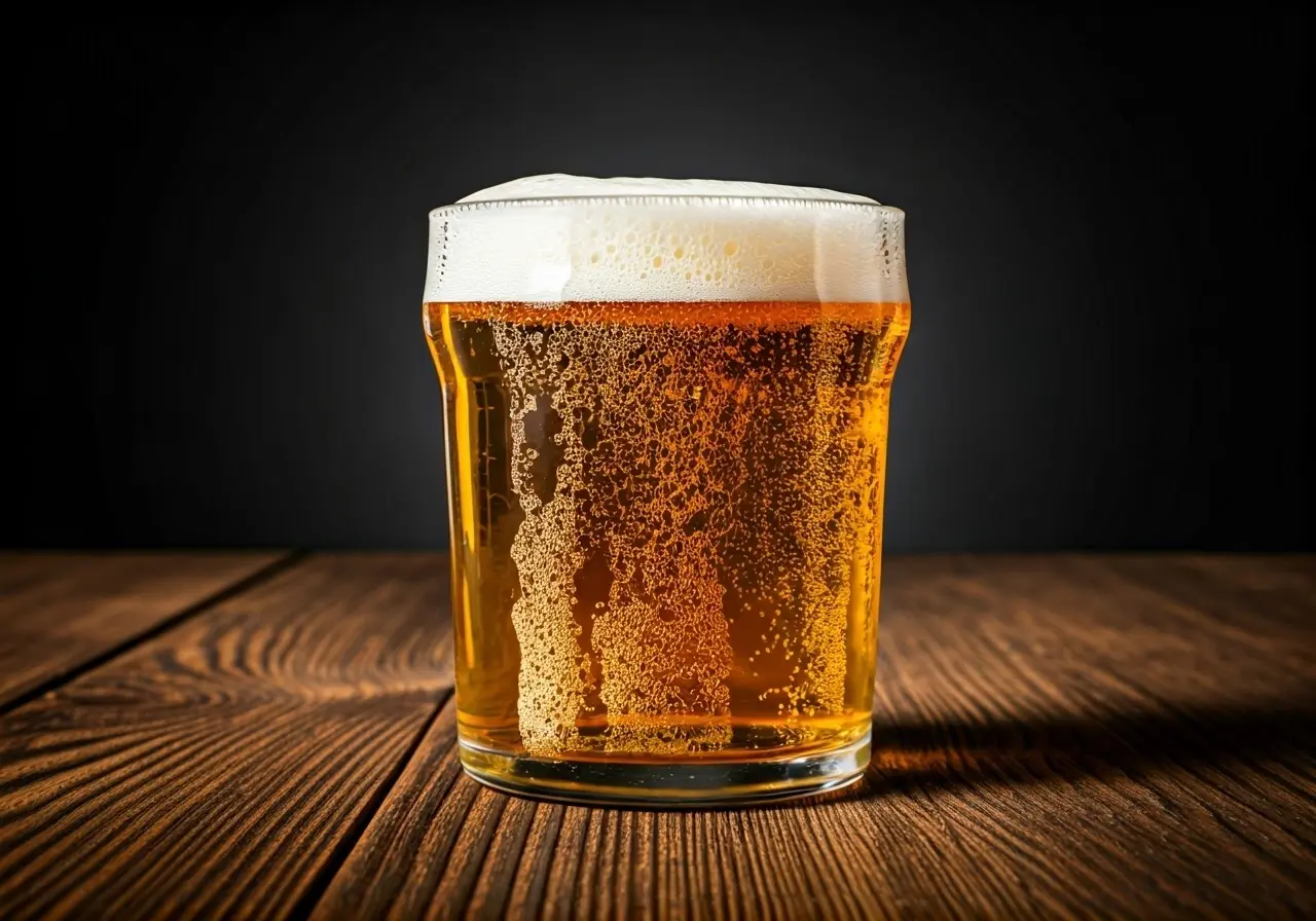 A frothy glass of alcohol-free beer on a wooden table. 35mm stock photo