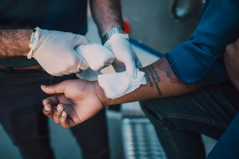 A healthcare professional in gloves applying a bandage to an injured arm, focusing on first aid care.