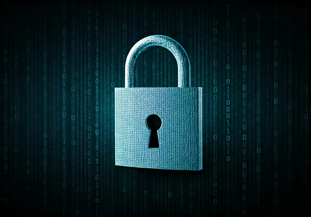 A padlock superimposed on a digital background of binary code. 35mm stock photo