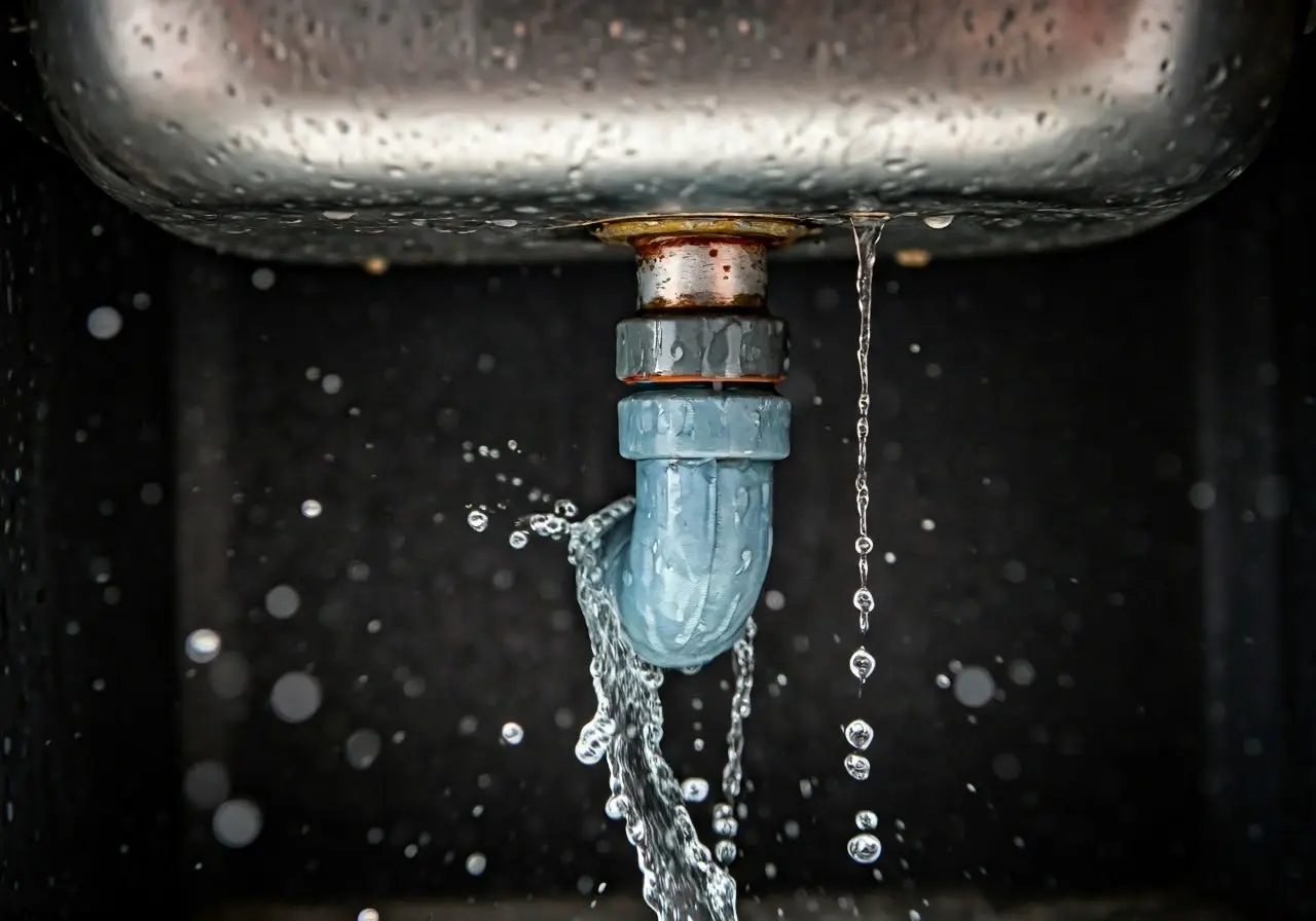 A leaking pipe under a kitchen sink with water splashes. 35mm stock photo