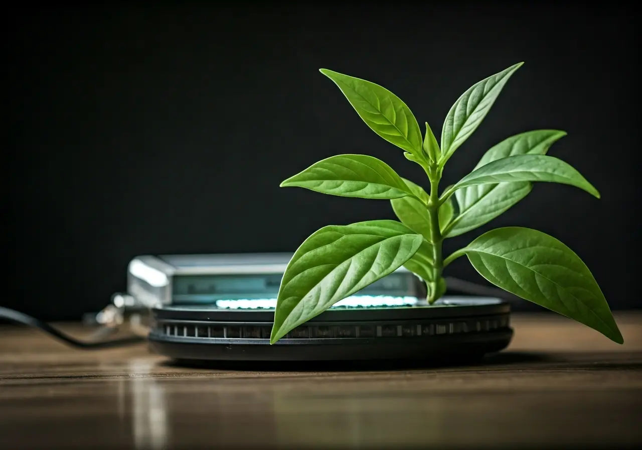 A green leafy plant beside a glowing electronic device. 35mm stock photo