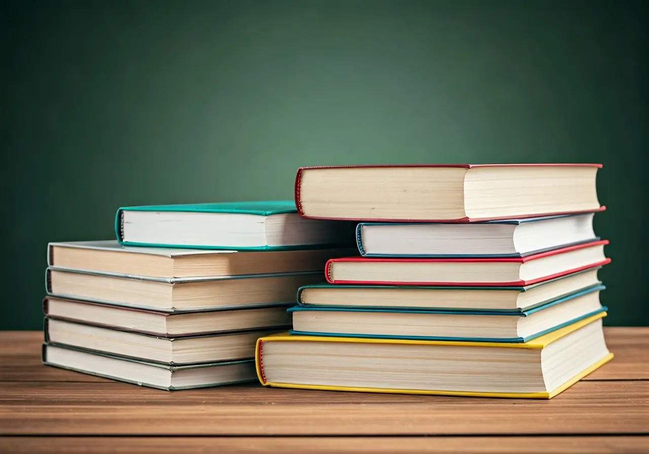 A diverse group of textbooks lying on a wooden desk. 35mm stock photo