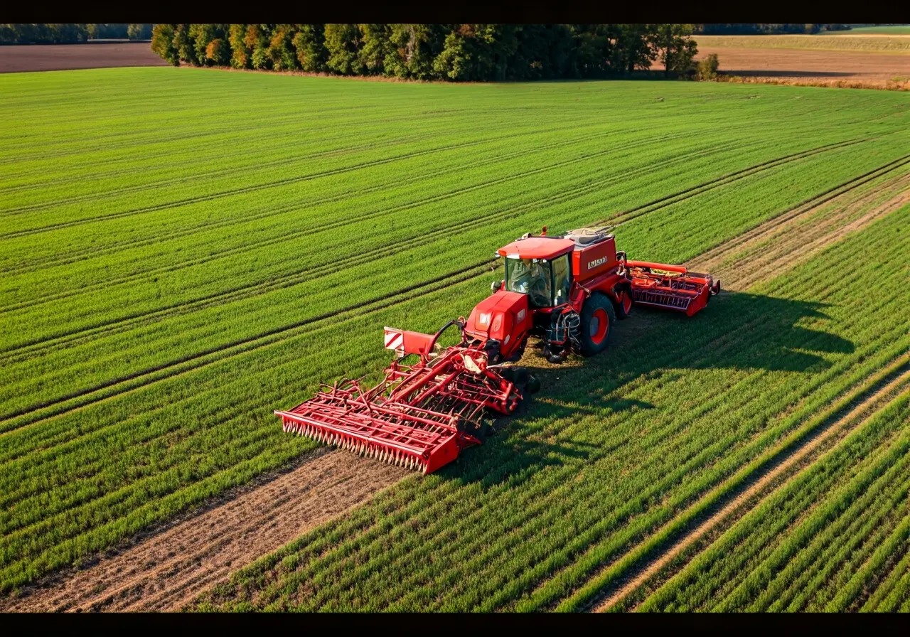 Aerial view of farmland with modern farming equipment in use. 35mm stock photo
