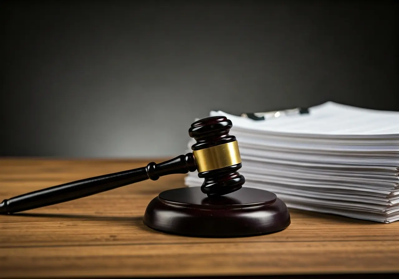 A gavel beside a stack of legal documents on desk. 35mm stock photo