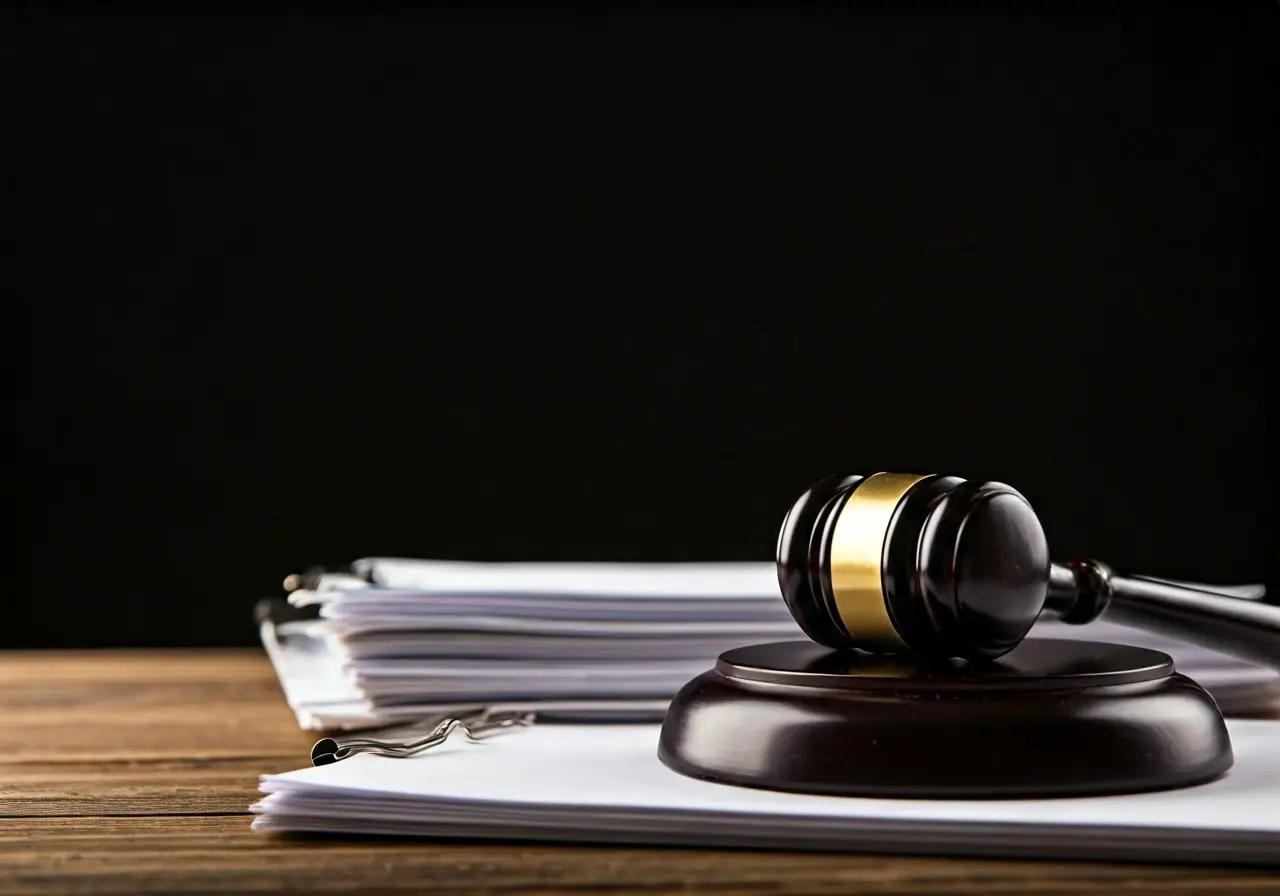 A gavel resting on a stack of legal documents. 35mm stock photo