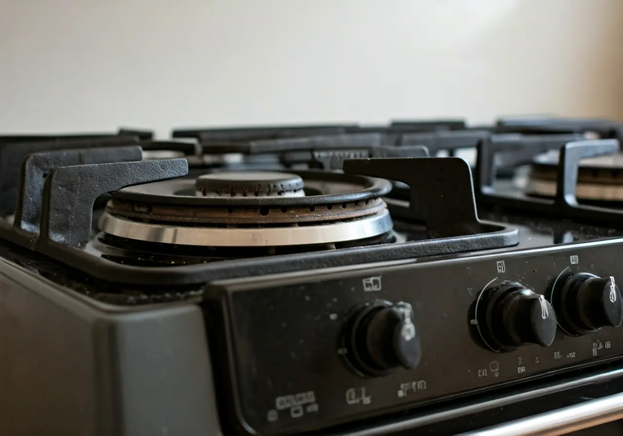 A gas stove with a small, visible leak and tools. 35mm stock photo
