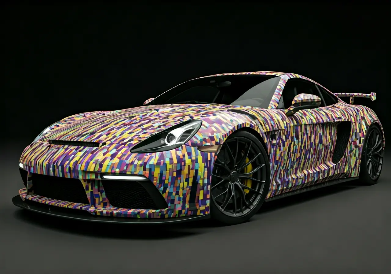 A brightly colored car wrap on a sleek sports car. 35mm stock photo