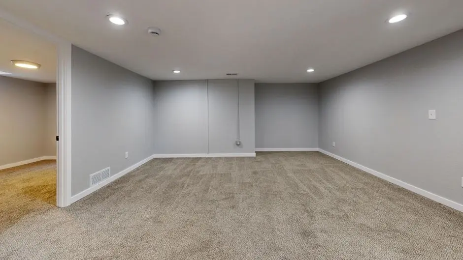 Open basement room with neutral gray walls and plush carpeting, ideal for remodeling.