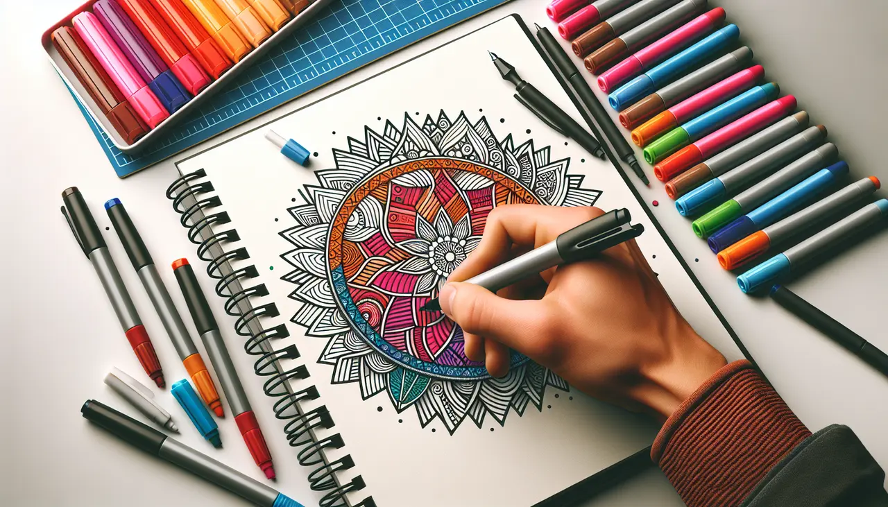 Draw a graphic in flat design style. A minimalist scene of a hand drawing intricate patterns with a vibrant gel pen on a blank notebook page, surrounded by a few scattered gel pens in various colors.