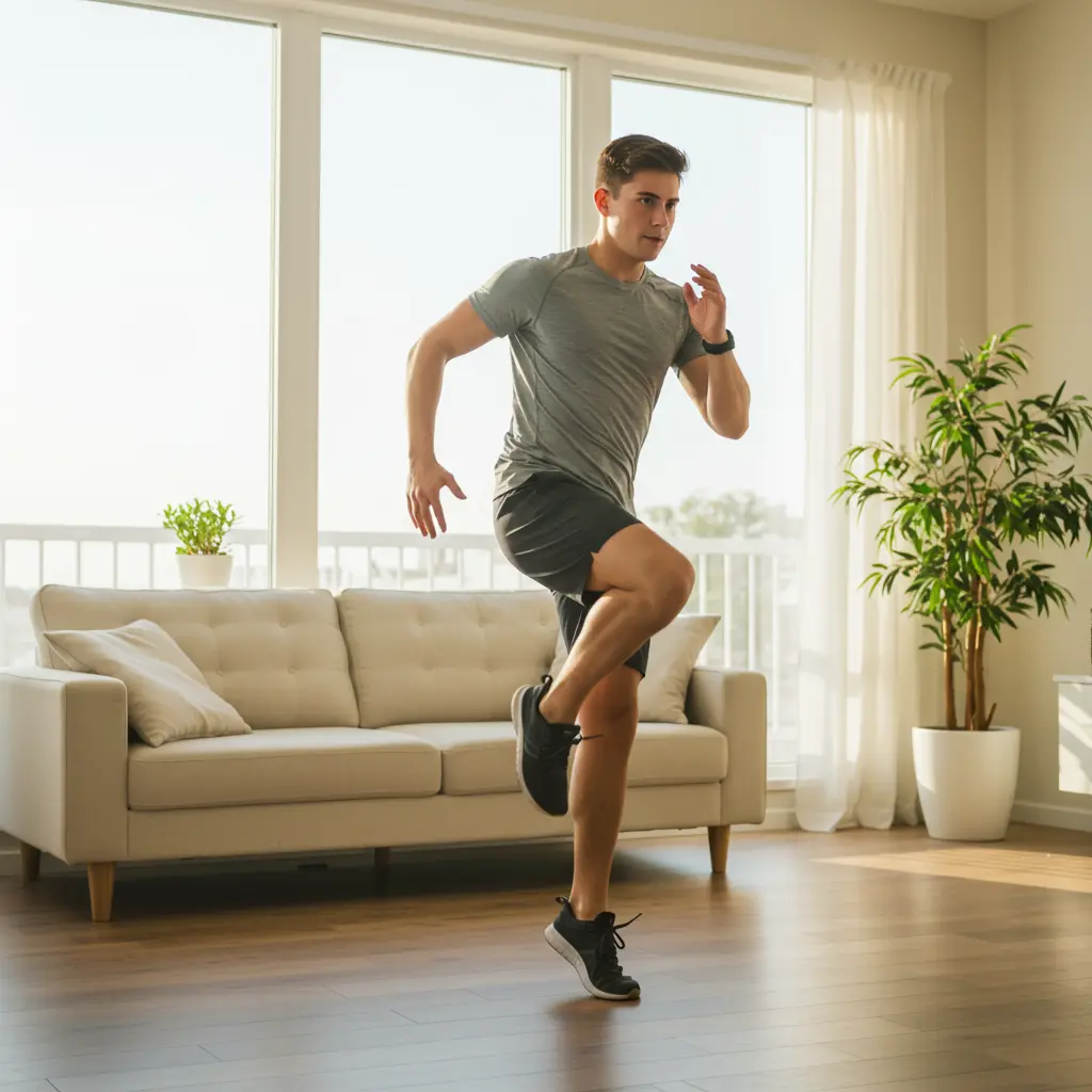 Person performing butt kicks in a living room.