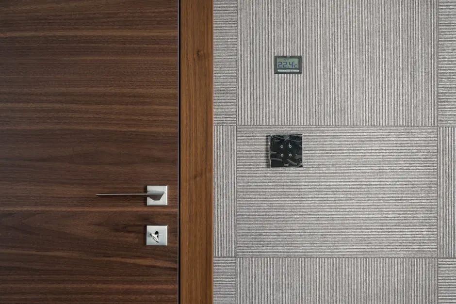 Sleek modern wooden door with stainless steel handle and 22.4°C display.