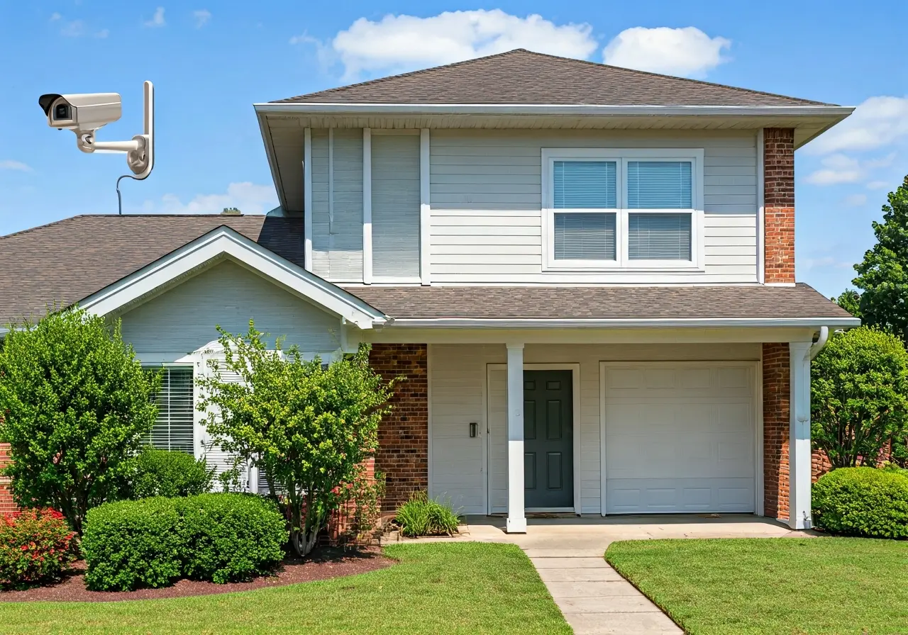 A house with a visible alarm system and security cameras. 35mm stock photo