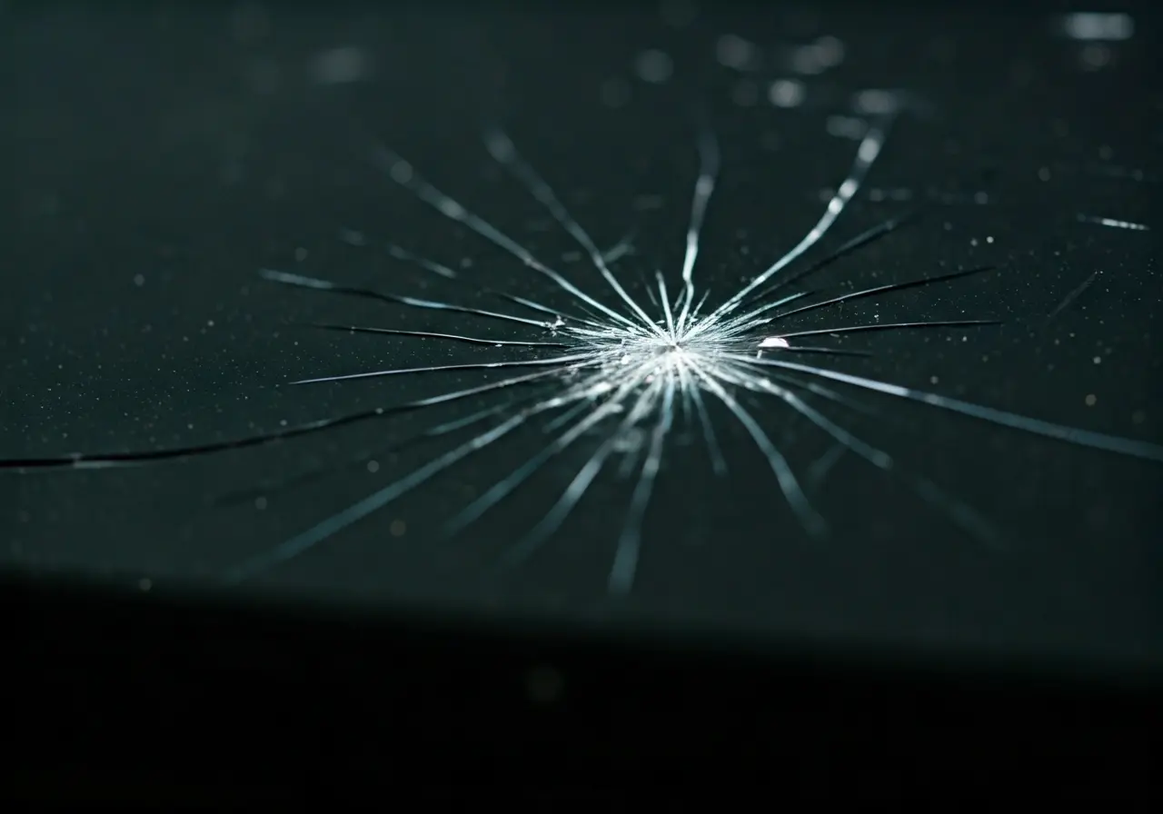 A close-up of a small chip in a car windshield. 35mm stock photo