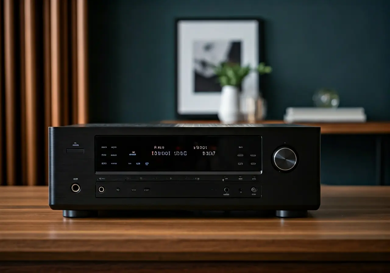 A sleek AV receiver with wireless speakers in a modern living room. 35mm stock photo