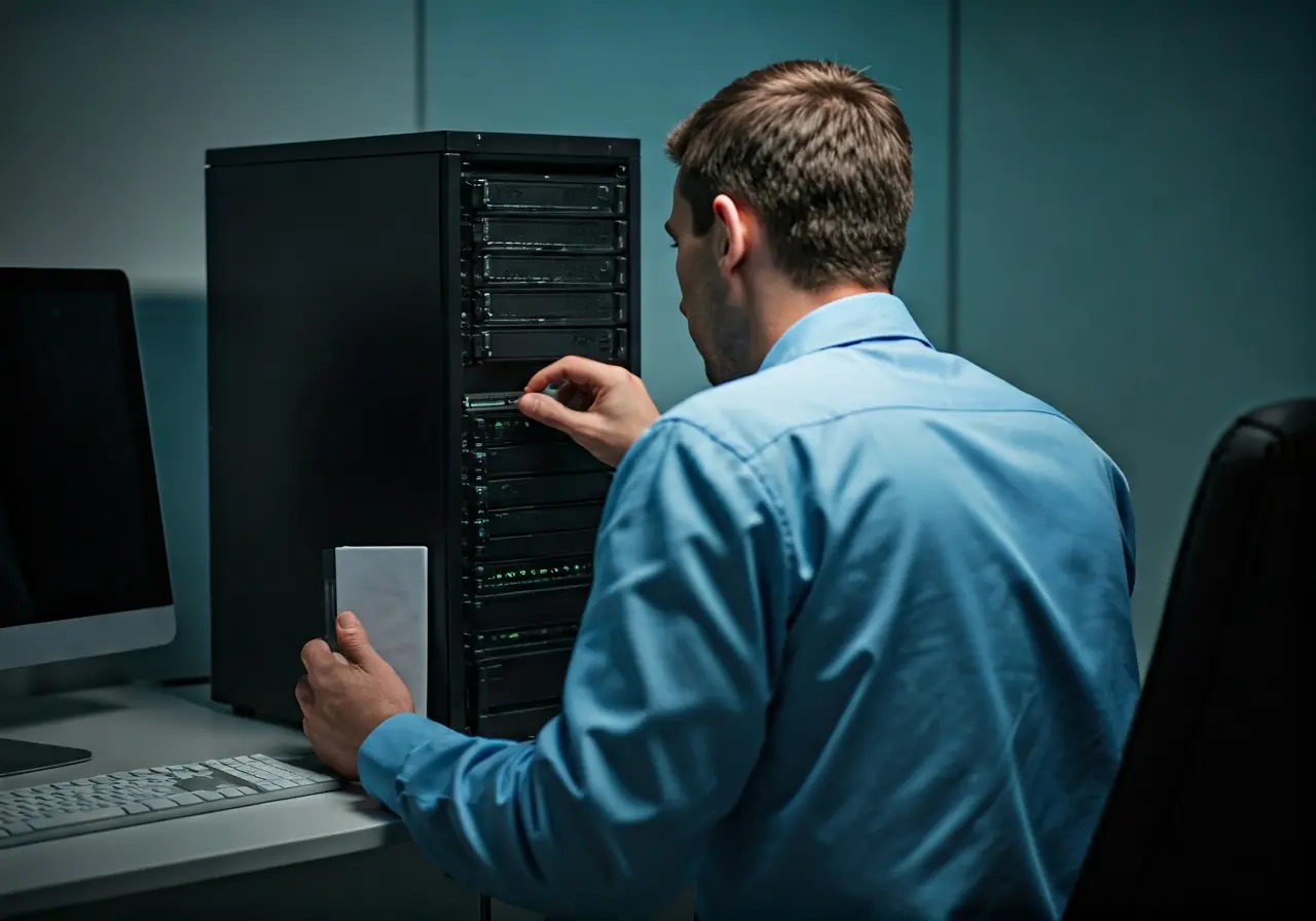 A technician fixing a computer server in a small office. 35mm stock photo