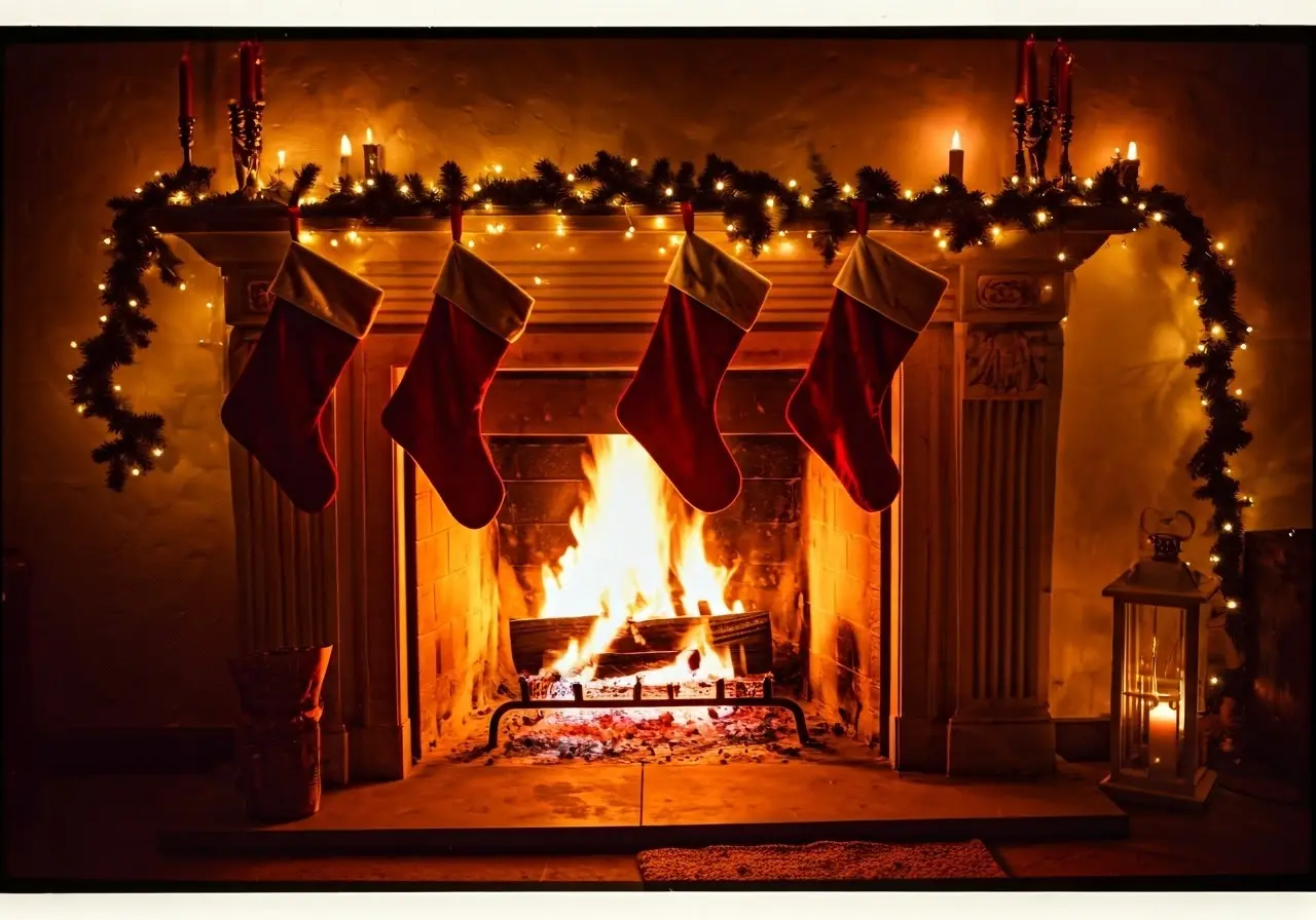 A cozy fireplace setting with stockings and twinkling lights. 35mm stock photo