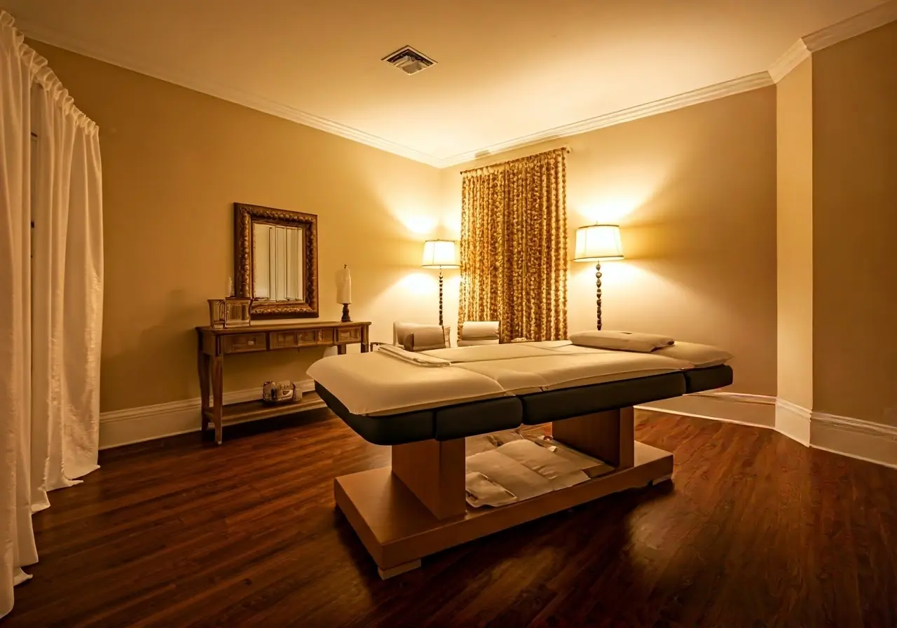 A serene bedroom featuring a luxurious therapy bed setup. 35mm stock photo