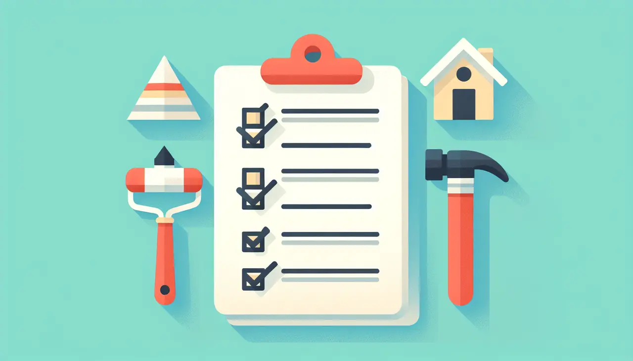 Draw a graphic in flat design style. A clean, flat design image showing a checklist with a pencil and simple icons of a house, hammer, and paintbrush.