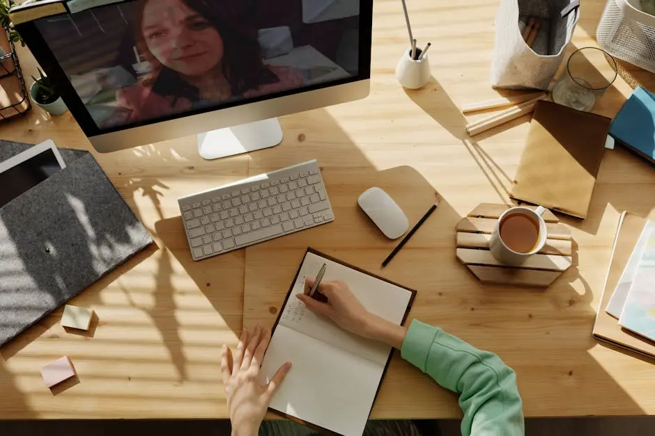 A student taking notes during a video call for online course