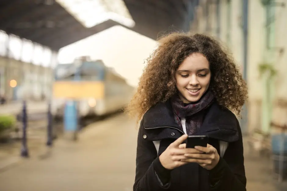 Smiling woman with curly hair uses smartphone at an urban train platform.