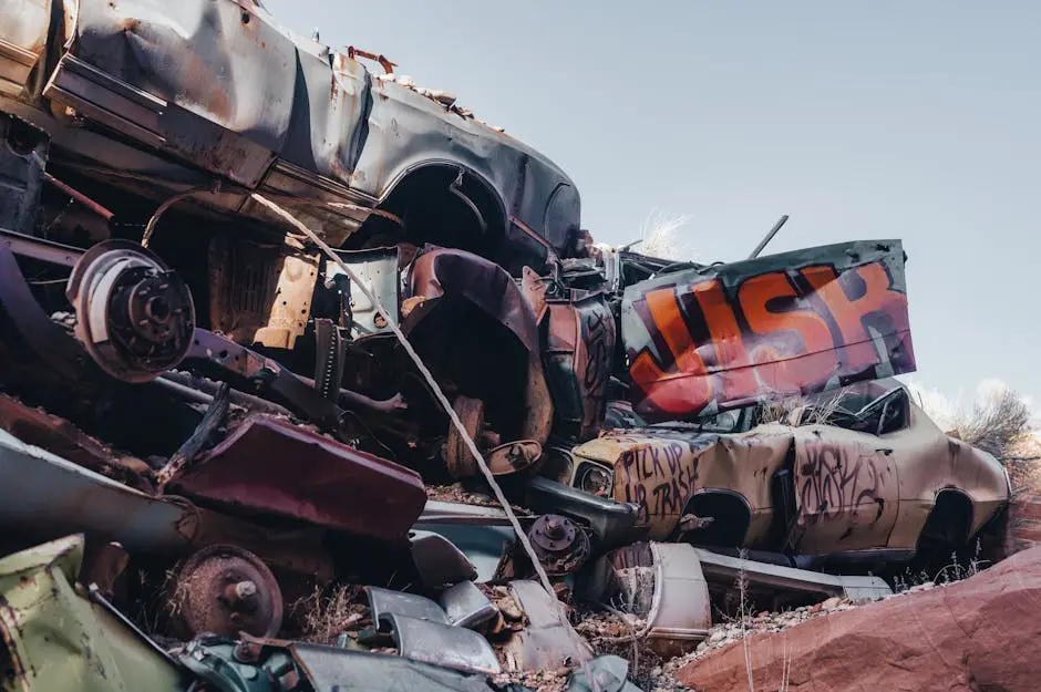 A pile of old, rusty cars stacked haphazardly in an outdoor junkyard.