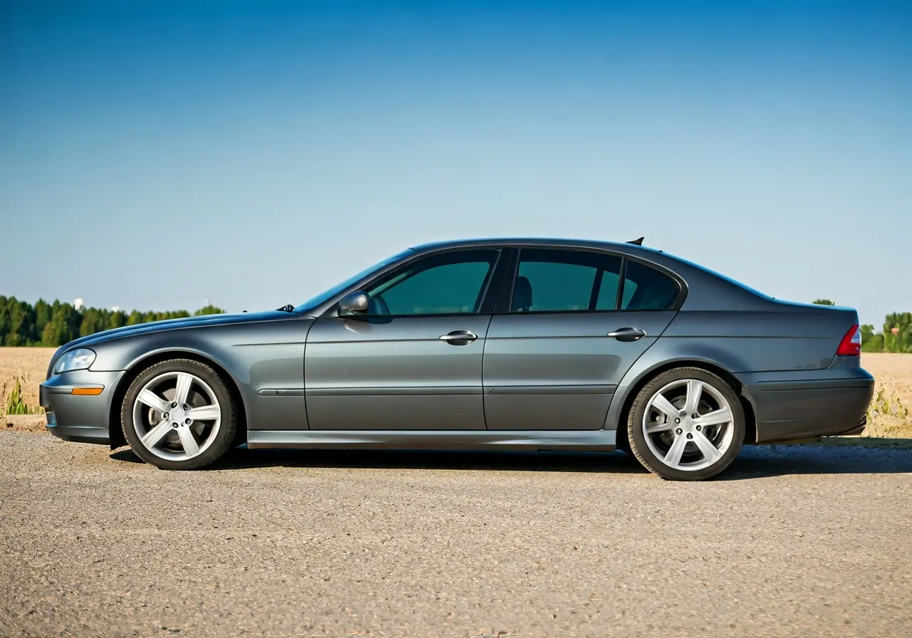 A sleek car with tinted windows on a sunny day. 35mm stock photo