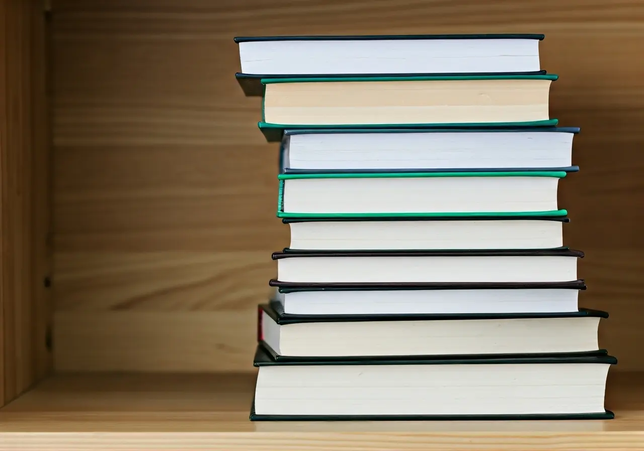 A stack of various self-help books on a wooden shelf. 35mm stock photo