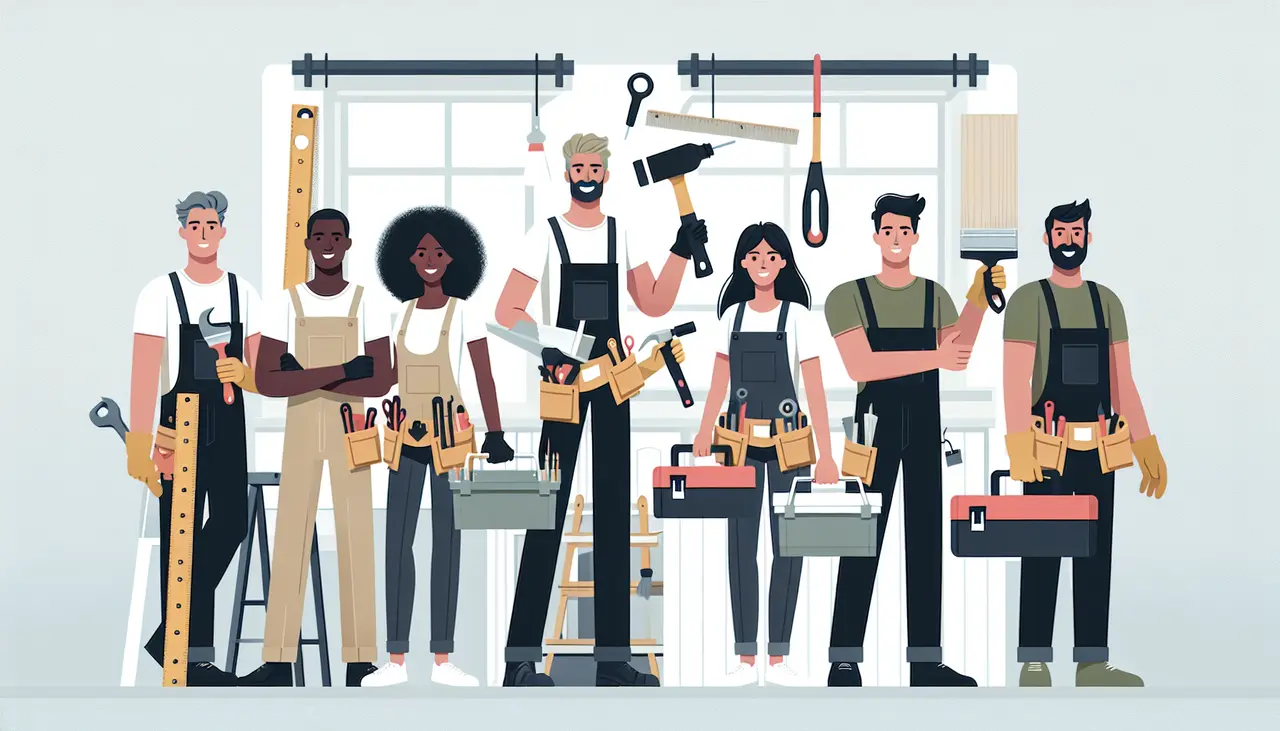 Draw a graphic in flat design style. A flat design illustration of a diverse group of remodeling experts holding tools, standing together in a simple, uncluttered workspace.
