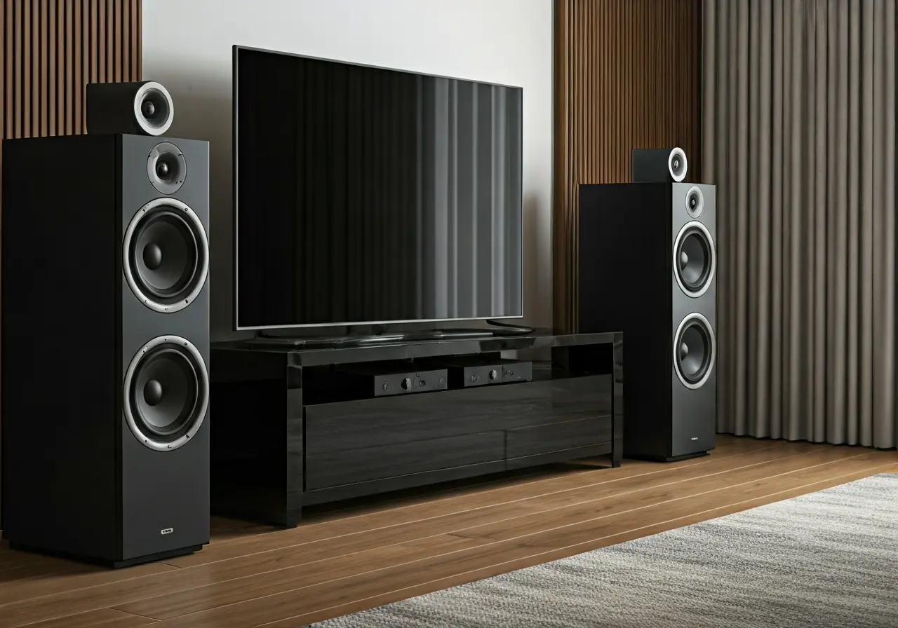 A modern living room showcasing a sleek surround sound system. 35mm stock photo