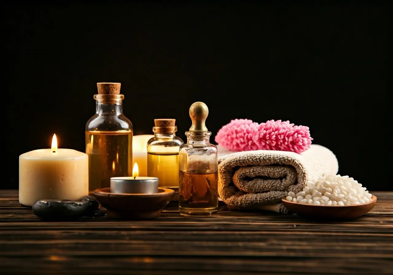 A relaxing spa setting with calming candles and essential oils. 35mm stock photo