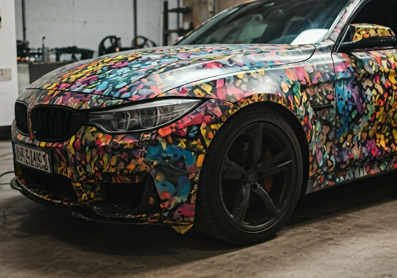 A colorful car wrap being applied on a vehicle. 35mm stock photo