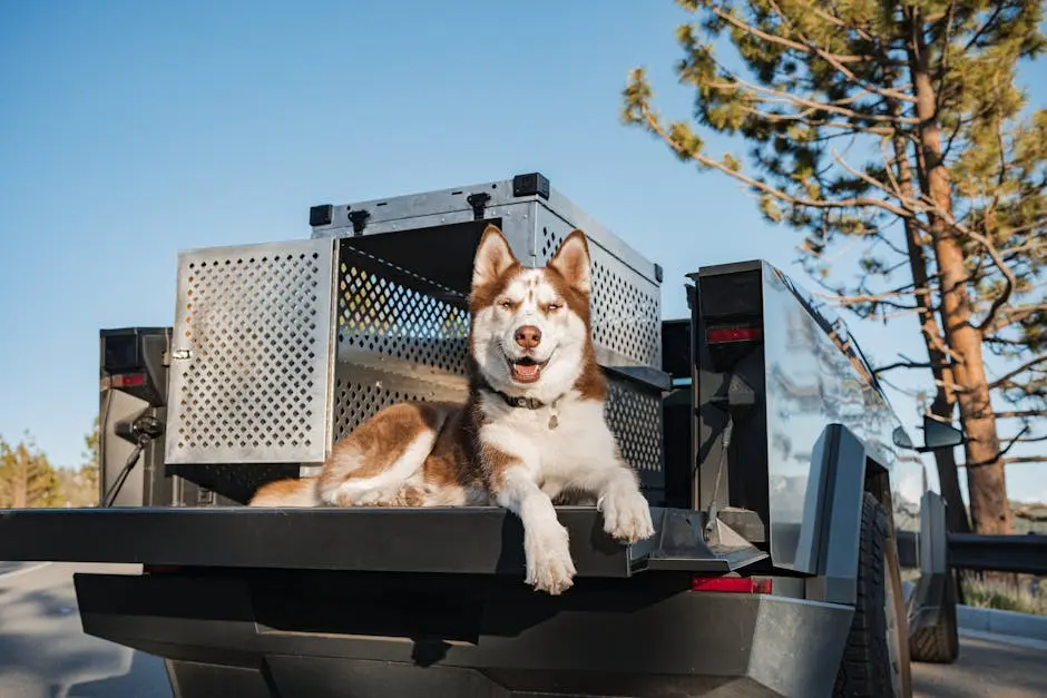 Siberian Husky in a secure crate on a vehicle, enjoying the outdoors.