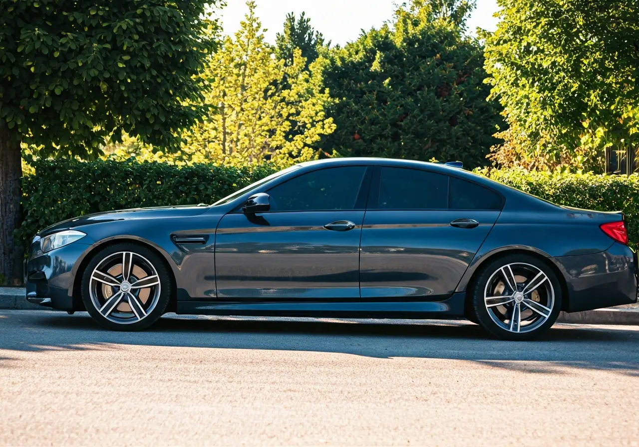 A sleek car with tinted windows parked on a sunny street. 35mm stock photo