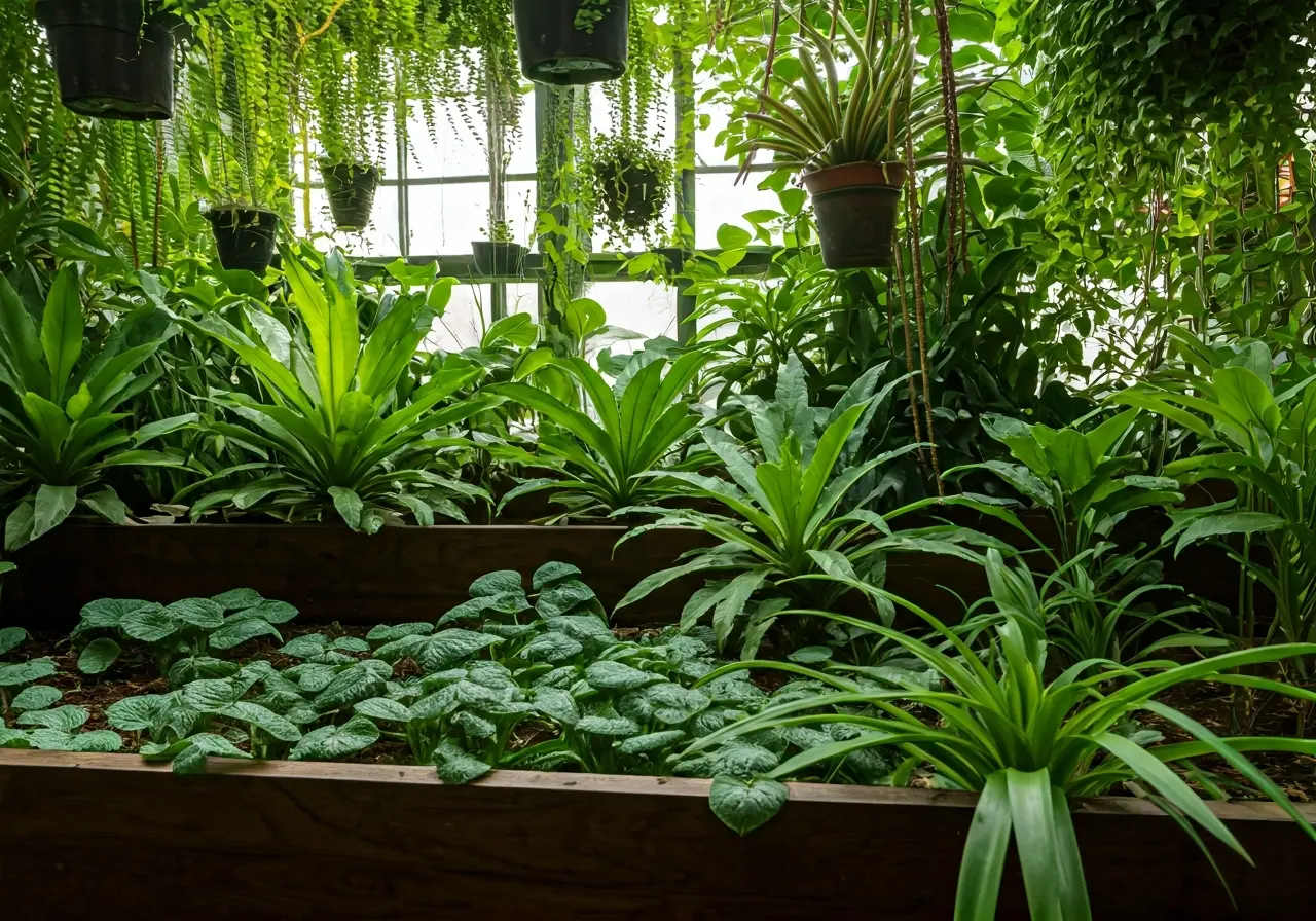 A brightly lit indoor garden with thriving green plants. 35mm stock photo