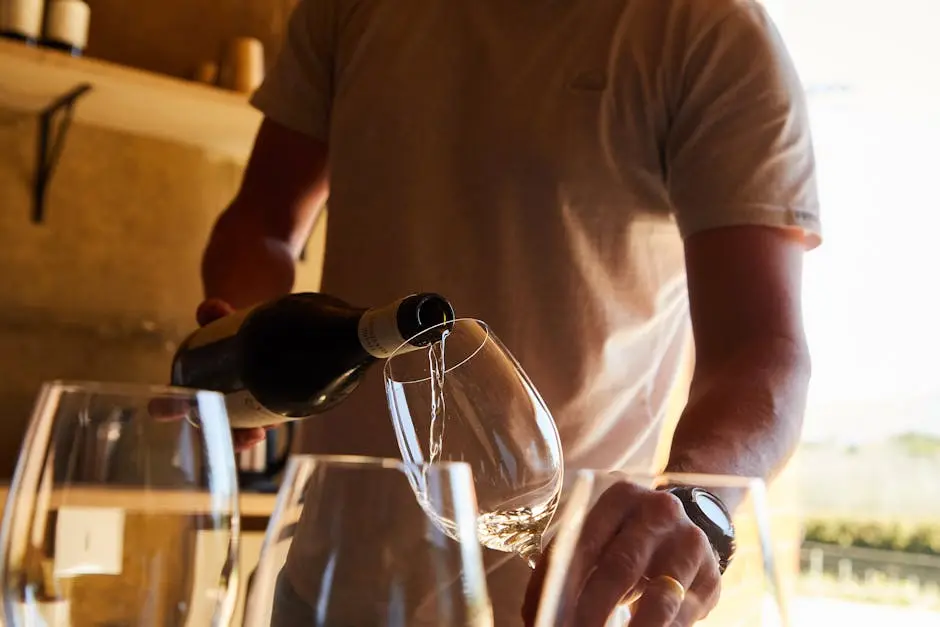 A man pours white wine into glasses indoors during sunset, creating a warm ambiance.