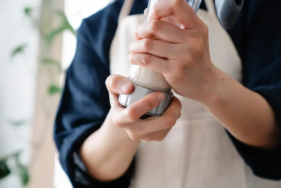 A person wearing an apron holds and shakes a protein shaker indoors. Casual food preparation scene.