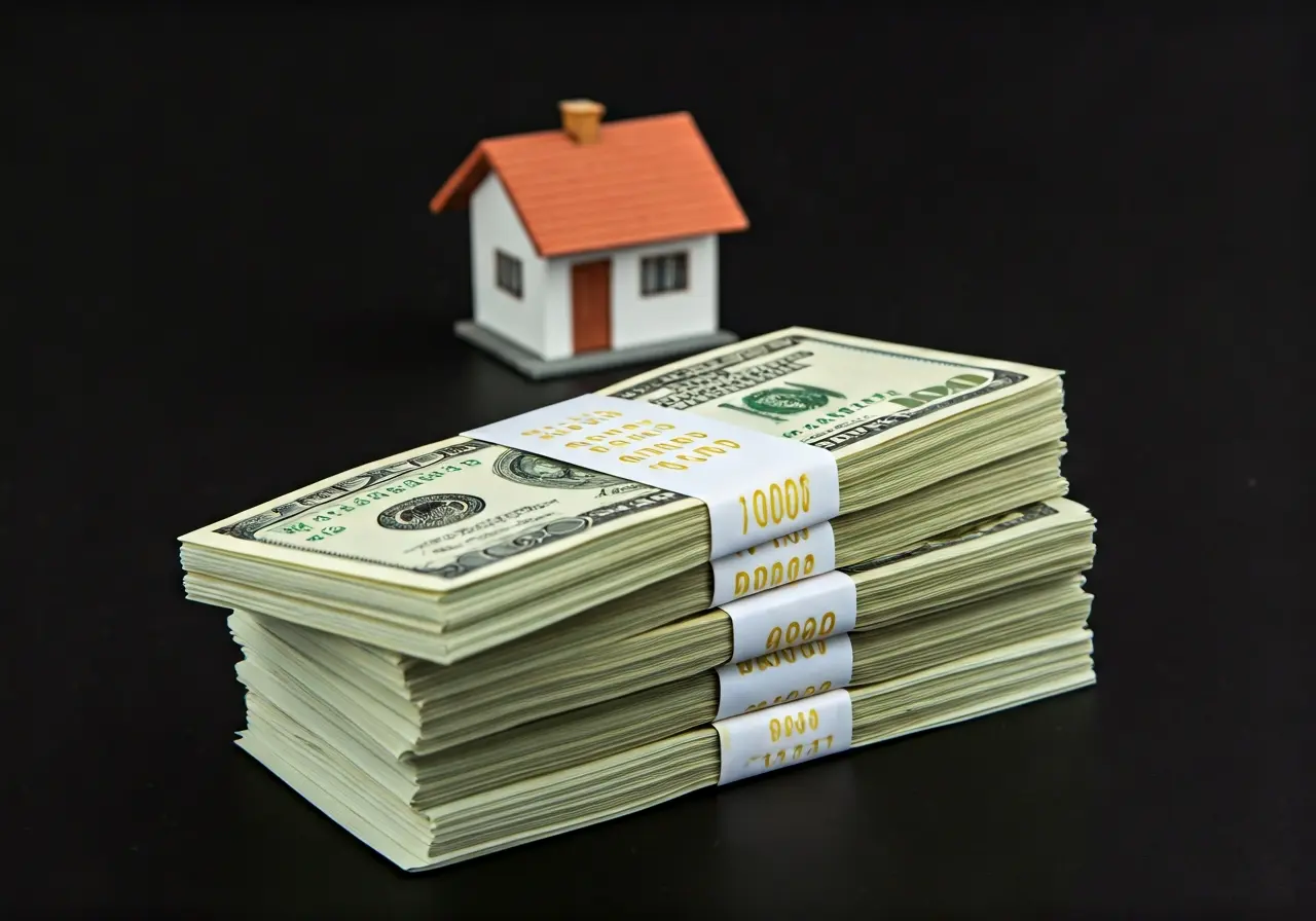 A stack of cash in front of a small house. 35mm stock photo