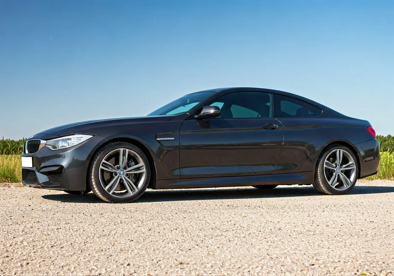 A sleek car with tinted windows under a sunny sky. 35mm stock photo
