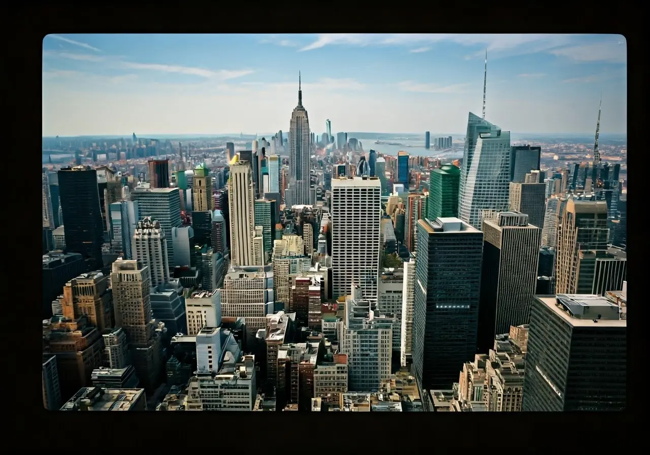 Aerial view of New York City skyline with skyscrapers. 35mm stock photo