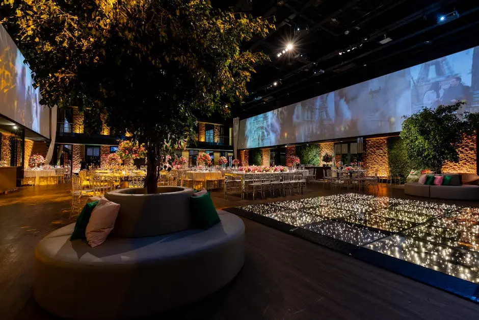 Luxurious indoor wedding reception with elegant decor and ambient lighting.